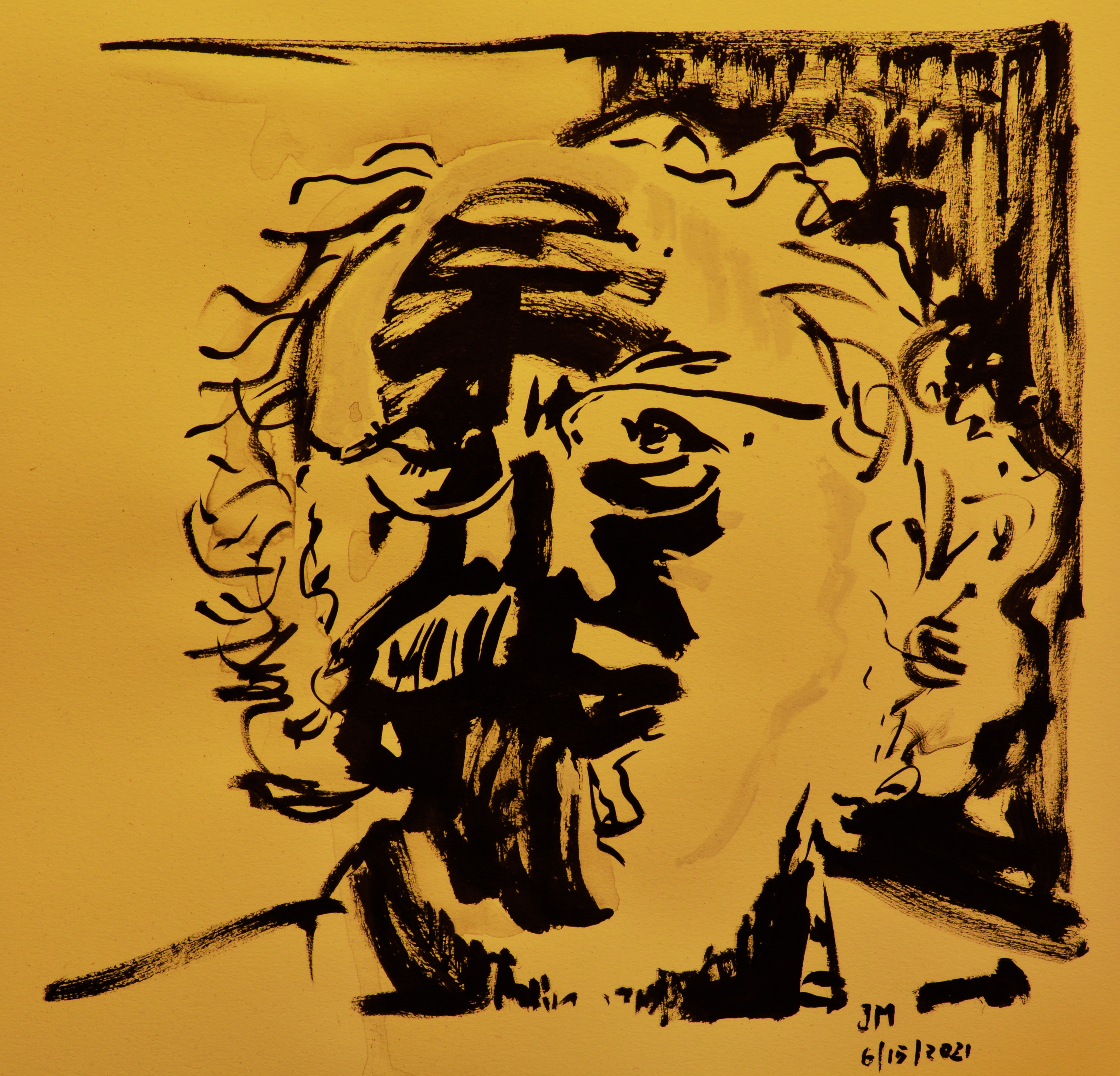 Joe Mabel, self-portrait (black ink and white Conte crayon on paper), June 15, 2021.